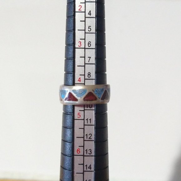 Turquoise Coral Chip Inlay Native American Sterling Silver Ring Size: 3 - Picture 10 of 10
